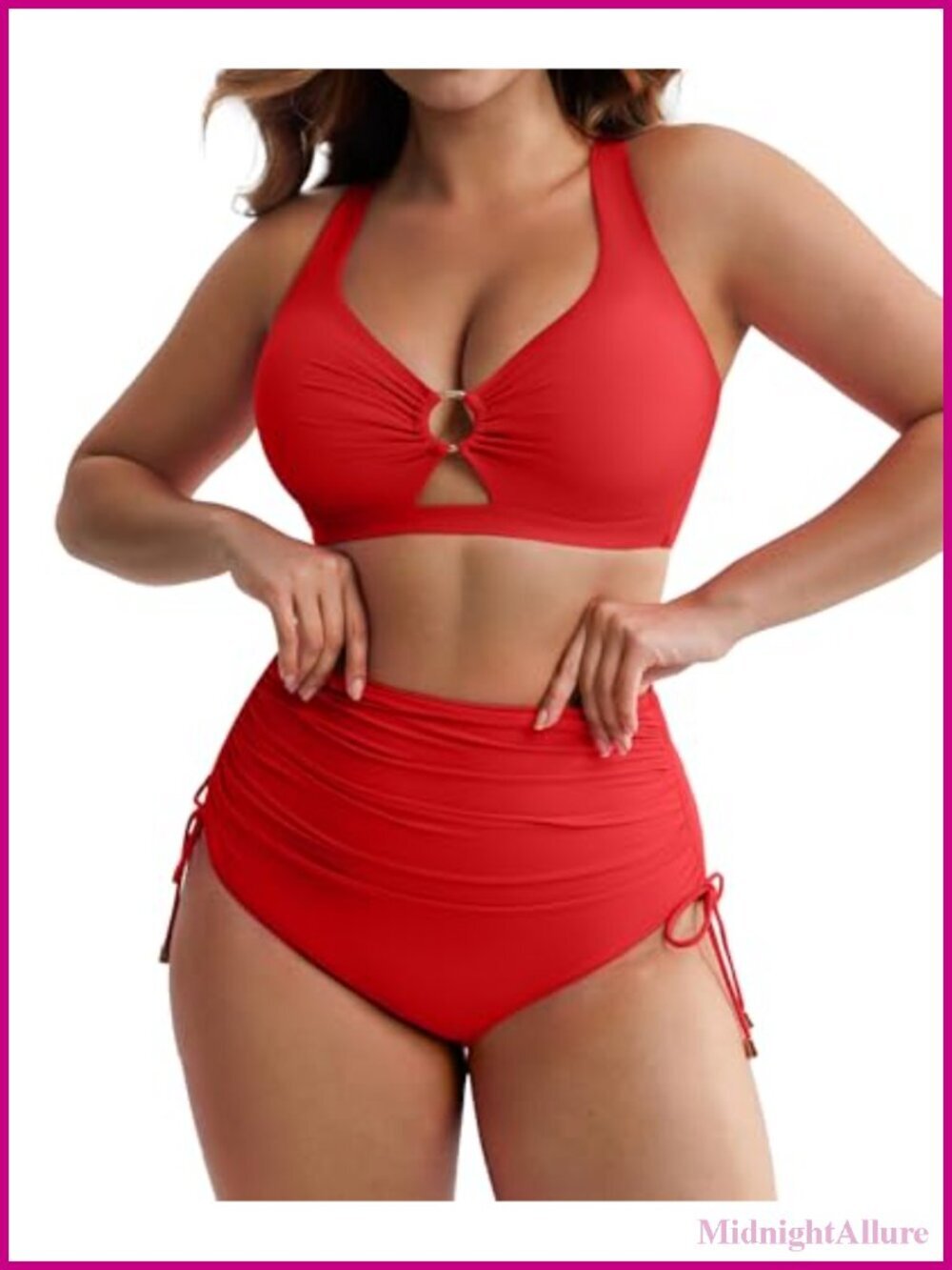 High Waisted Tummy Control Bikini Set Deep V-Neck Drawstring Side Adjustable